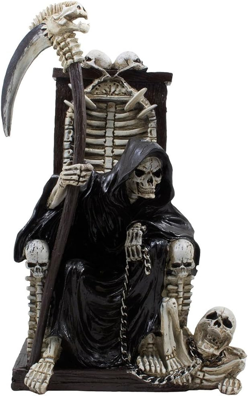 Decorative Spooky Grim Reaper Sitting on Bone Throne of Skeletons and Skulls Sta