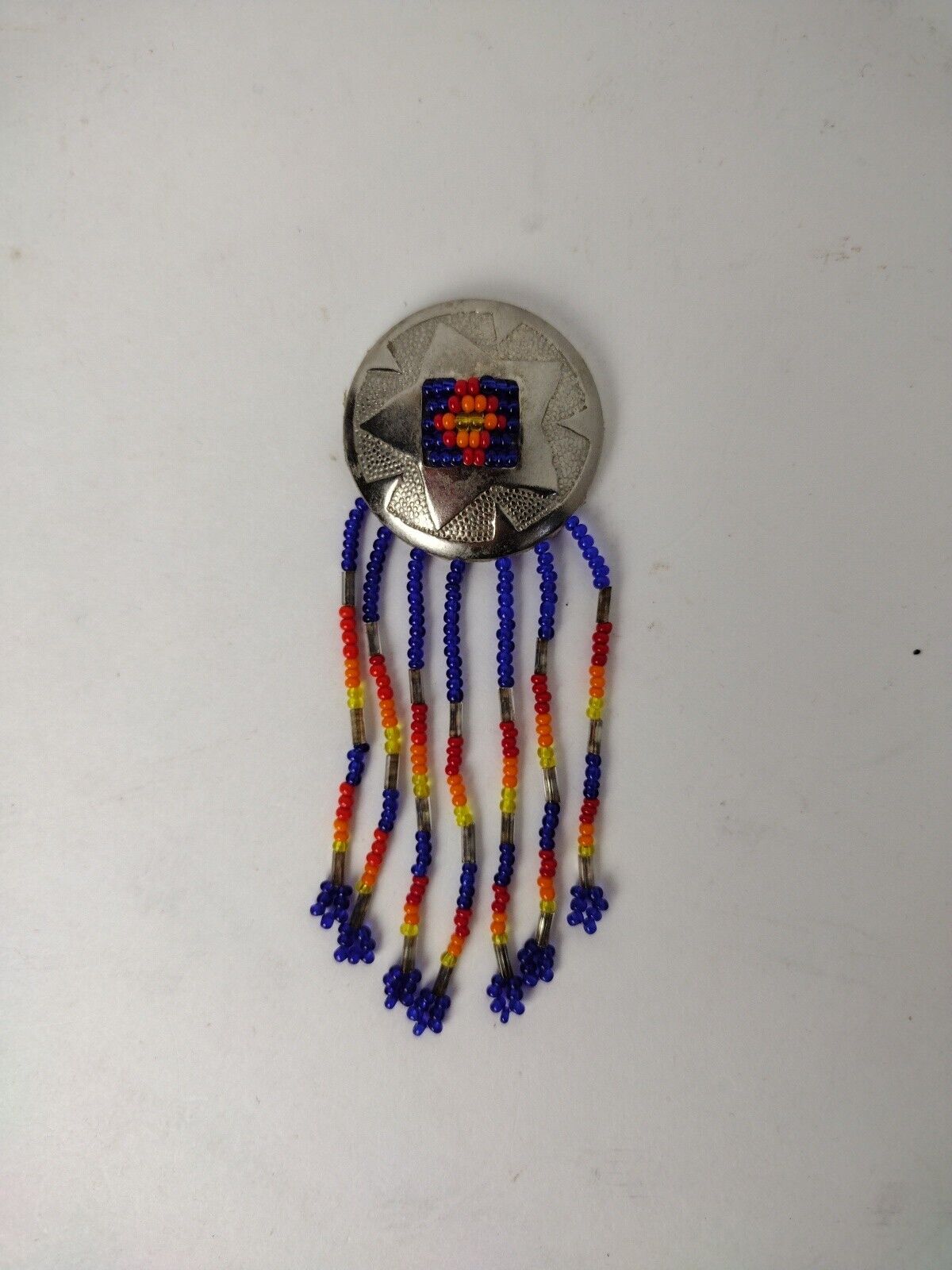 Vintage Native Sioux Sterling Silver Concho With Hanging Beads Felt Backing