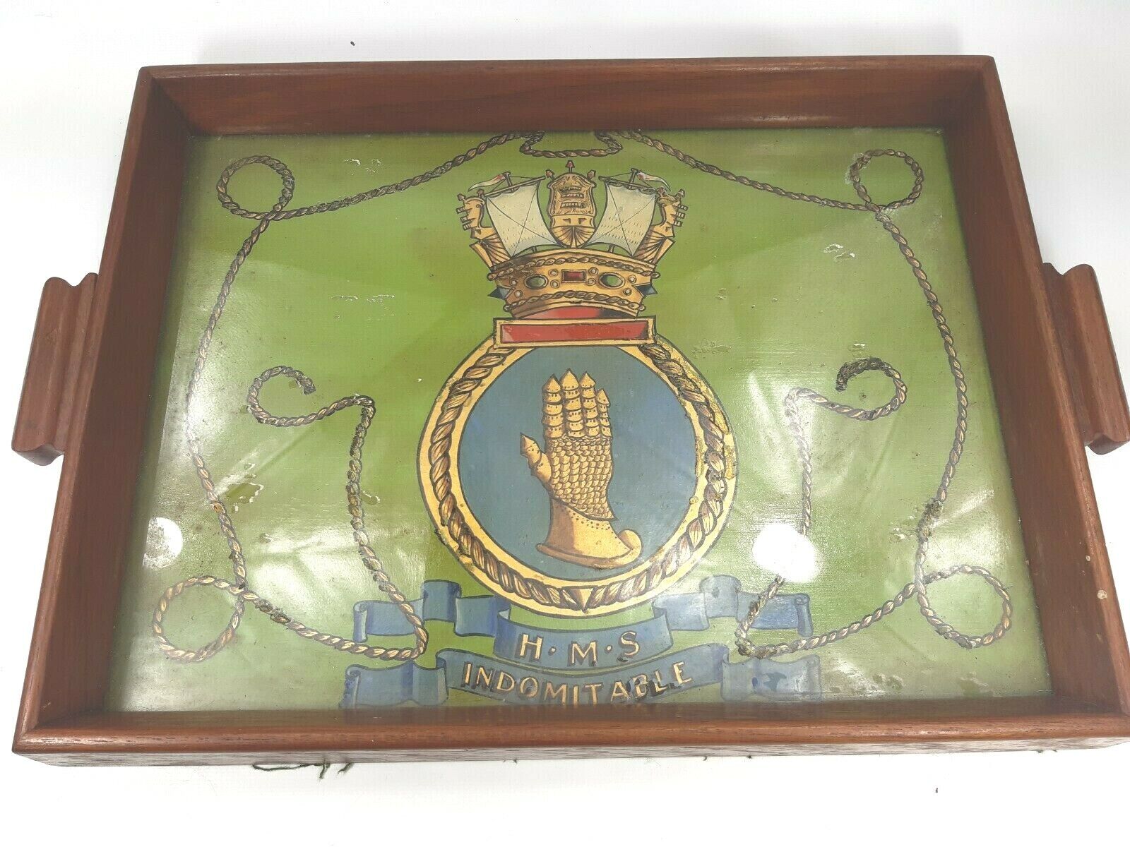 Vintage HMS Indomitable Royal Navy Hand Painted under Glass Wooden Wood Tray