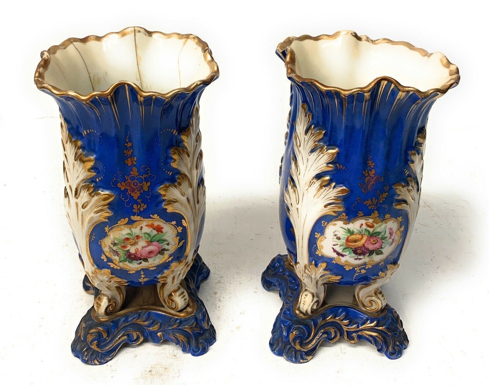 A Pair 19th Century English Floral Spill Vase Claw Feet