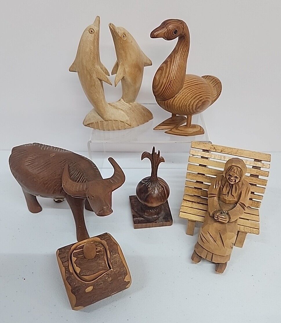 6 Vtg Folk Art Figurines Sculpture Hand Carved Wood Old Woman Duck Dolphins Bull