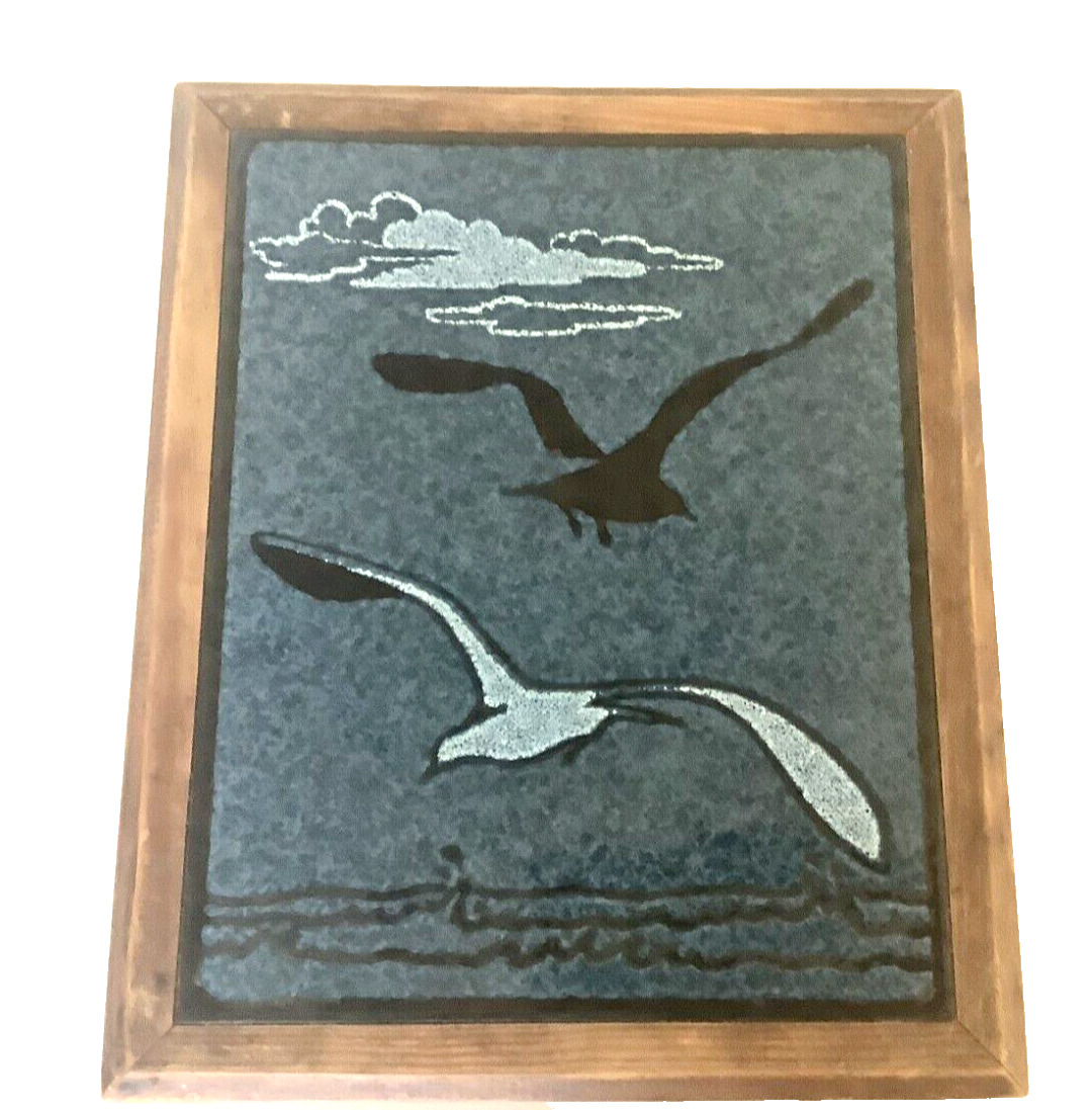 Vintage European Seabirds Blue Hand painted Ceramic Tile Wood  Frame Trivet 9.5\