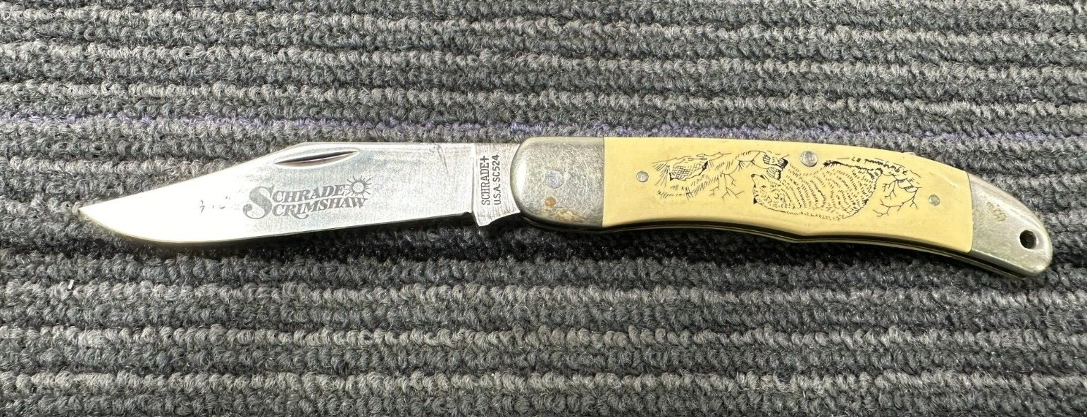 VINTAGE 1988 Schrade USA Scrimshaw Honey Badger Scene Folding Pocket knife