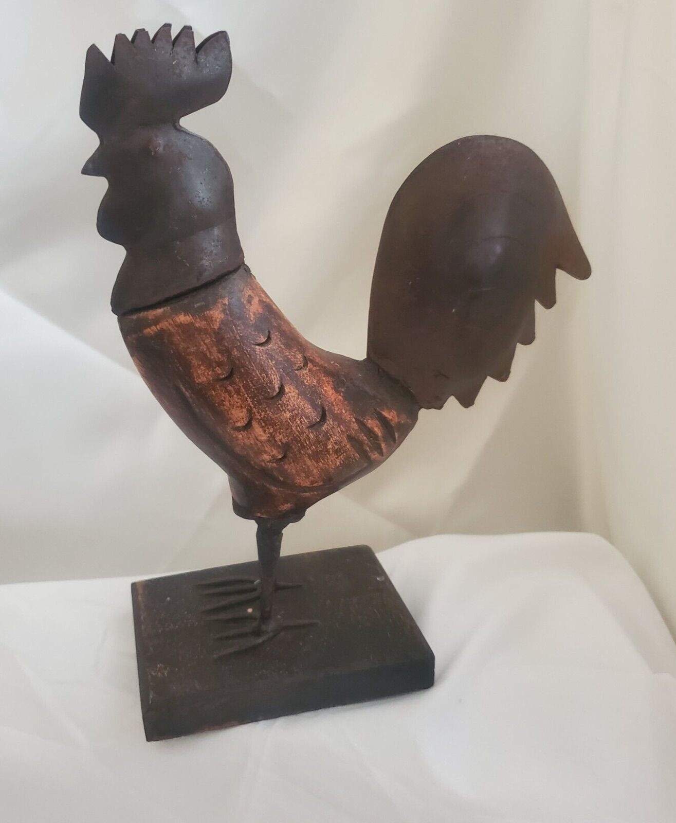 Kitchen Rooster Call - Antique Metal Rooster on Wooden Base