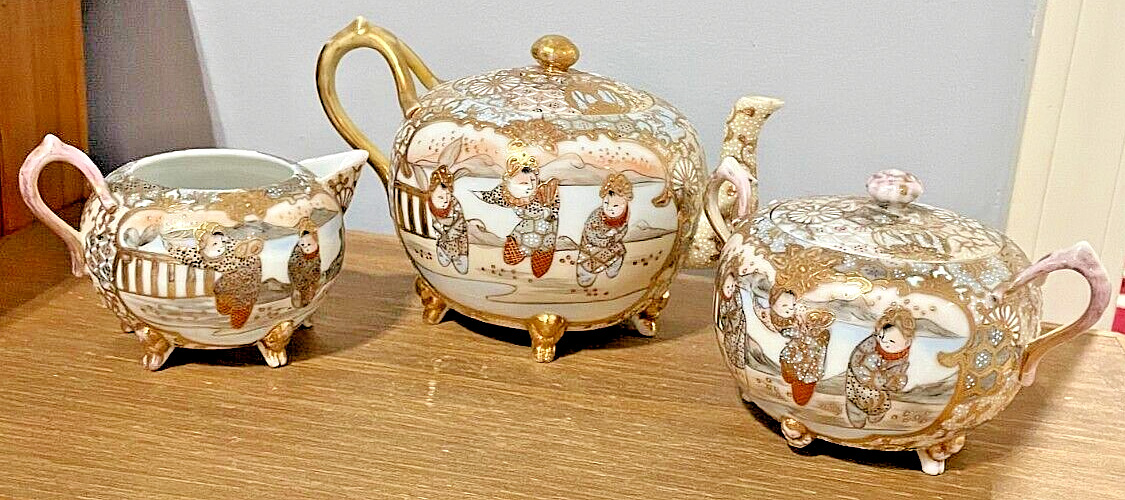 Vintage Satsuma Porcelain Tea Set Hand painted Tea Pot Sugar Bowl Creamer