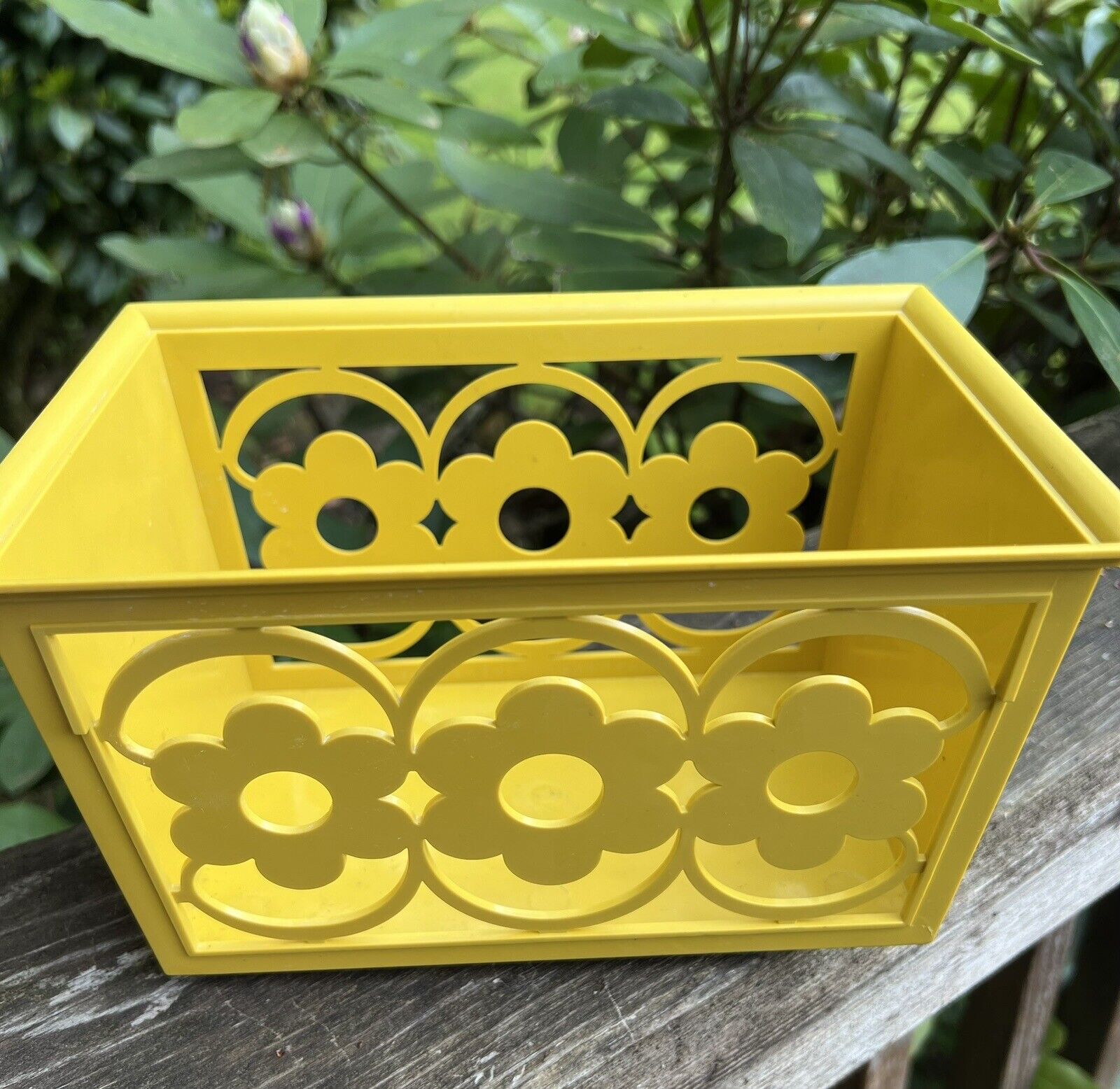 Vintage MCM Yellow plastic planter napkin holder basket flowers rectangle 8x5”