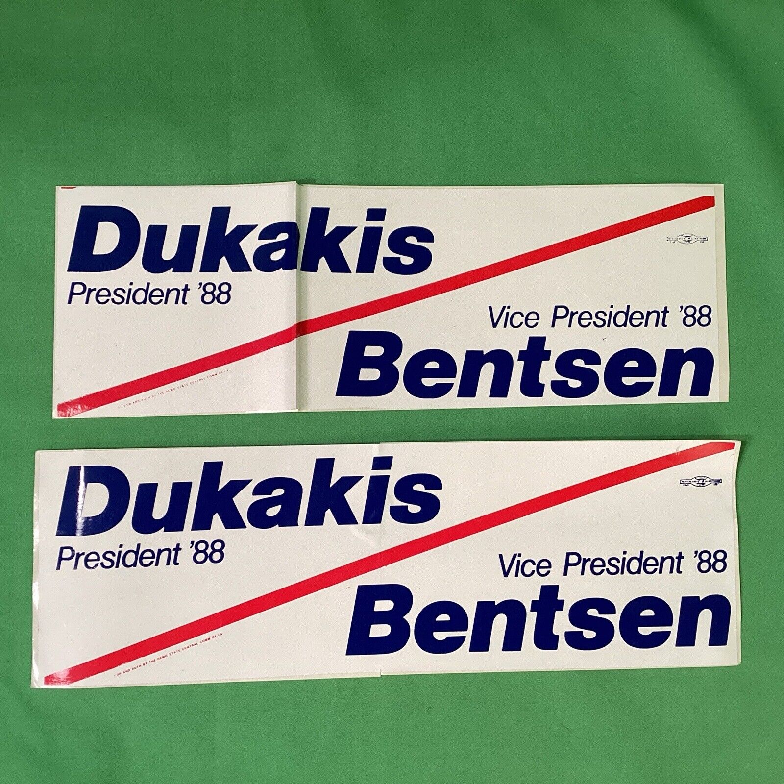 Pair of DUKAKIS BENTSEN FOR PRESIDENT Unused Bumper Stickers, 1988