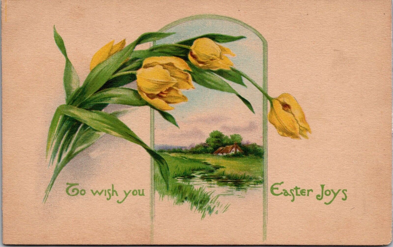 c1910 Antique Gibson Postcard. Easter Flowers house a1