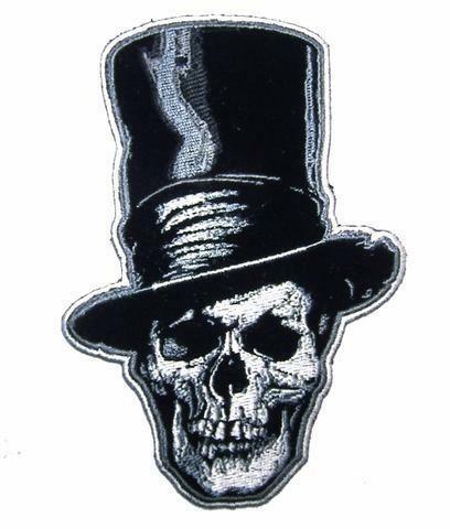 15 INCH TALL SKULL HEAD STOVE PIPE HAT EMBROIDERED JBP107 SKELETON IRON SEW ON