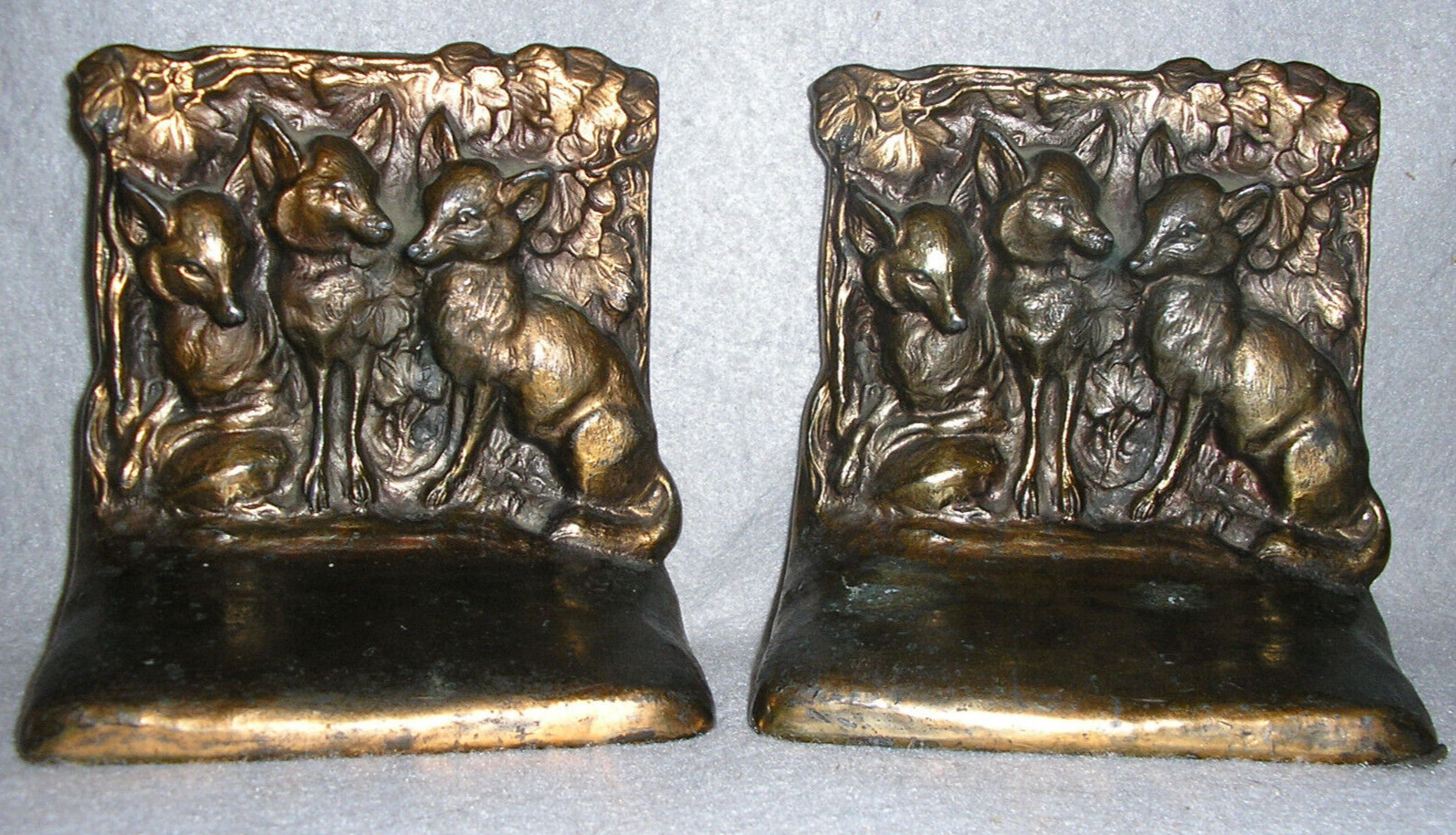 Vintage Fox Bookends Foxes Grape Leaves Cast Metal Bronze Washed After Weidlich