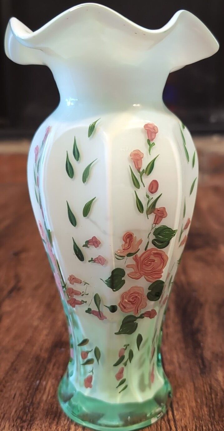 Vintage Hand Painted Two Tone Green and White Fluted Vase Fenton?