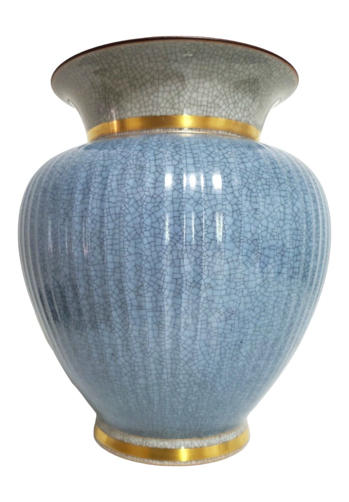 Large Royal Copenhagen Blue Beige Gold Crackle Crazing Ceramic Vase Accent Decor