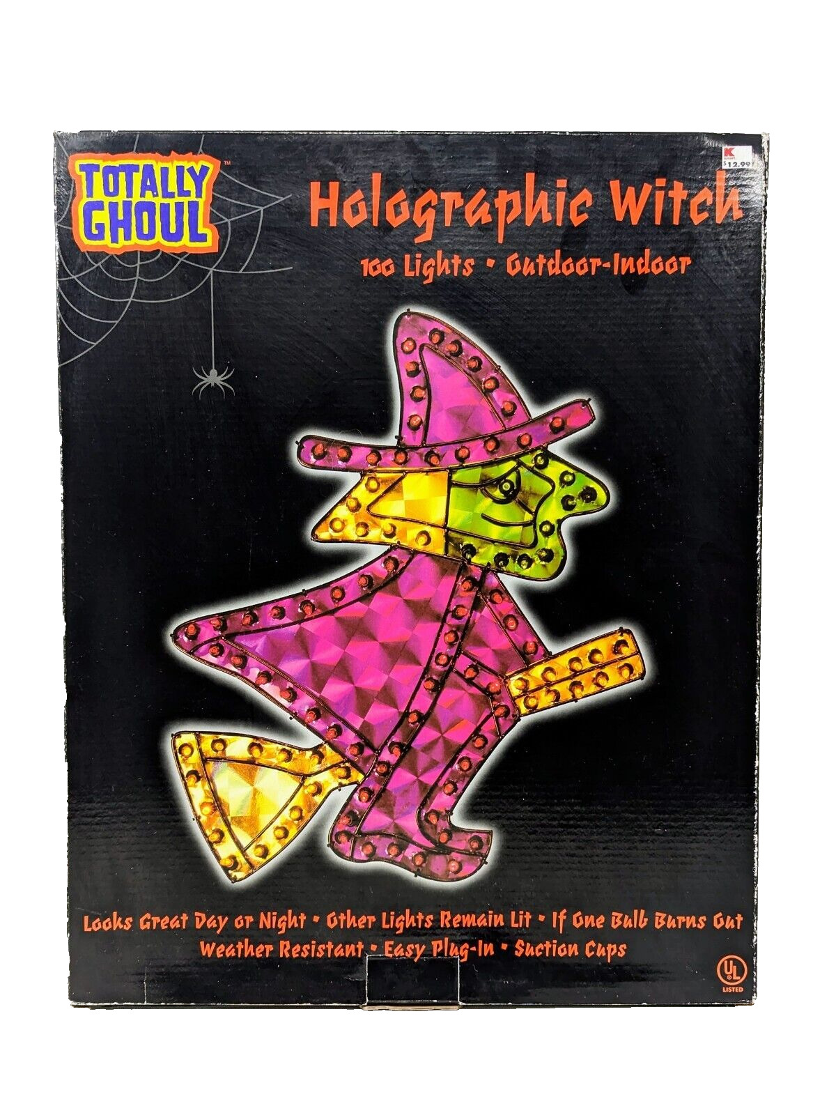VTG Totally Ghoul Holographic Witch On Broom Halloween Decoration 100 Lights NOS