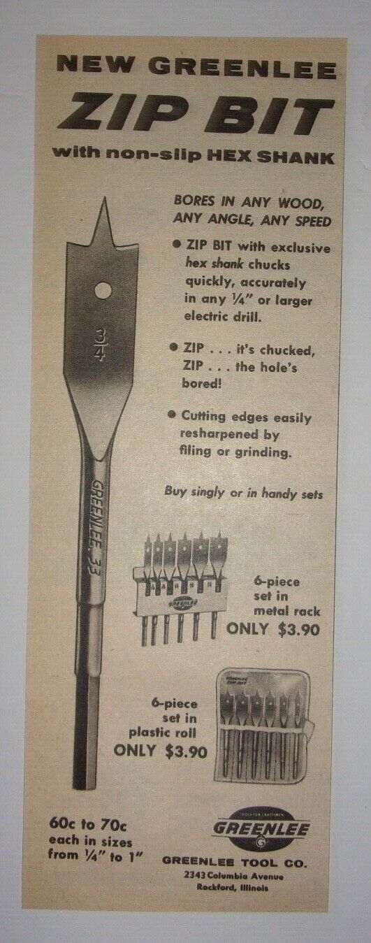 1959 Greenlee Zip Bit Advertisement Greenlee Tool Co. Rockford, Illinois