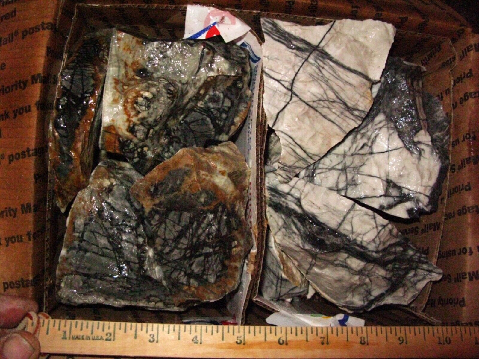 BOX OF PRIMO  1/2 PICASSO 1/2 SPIDER WEB MARBLE,CAB,SLAB,LAPIDARY 17+POUNDS