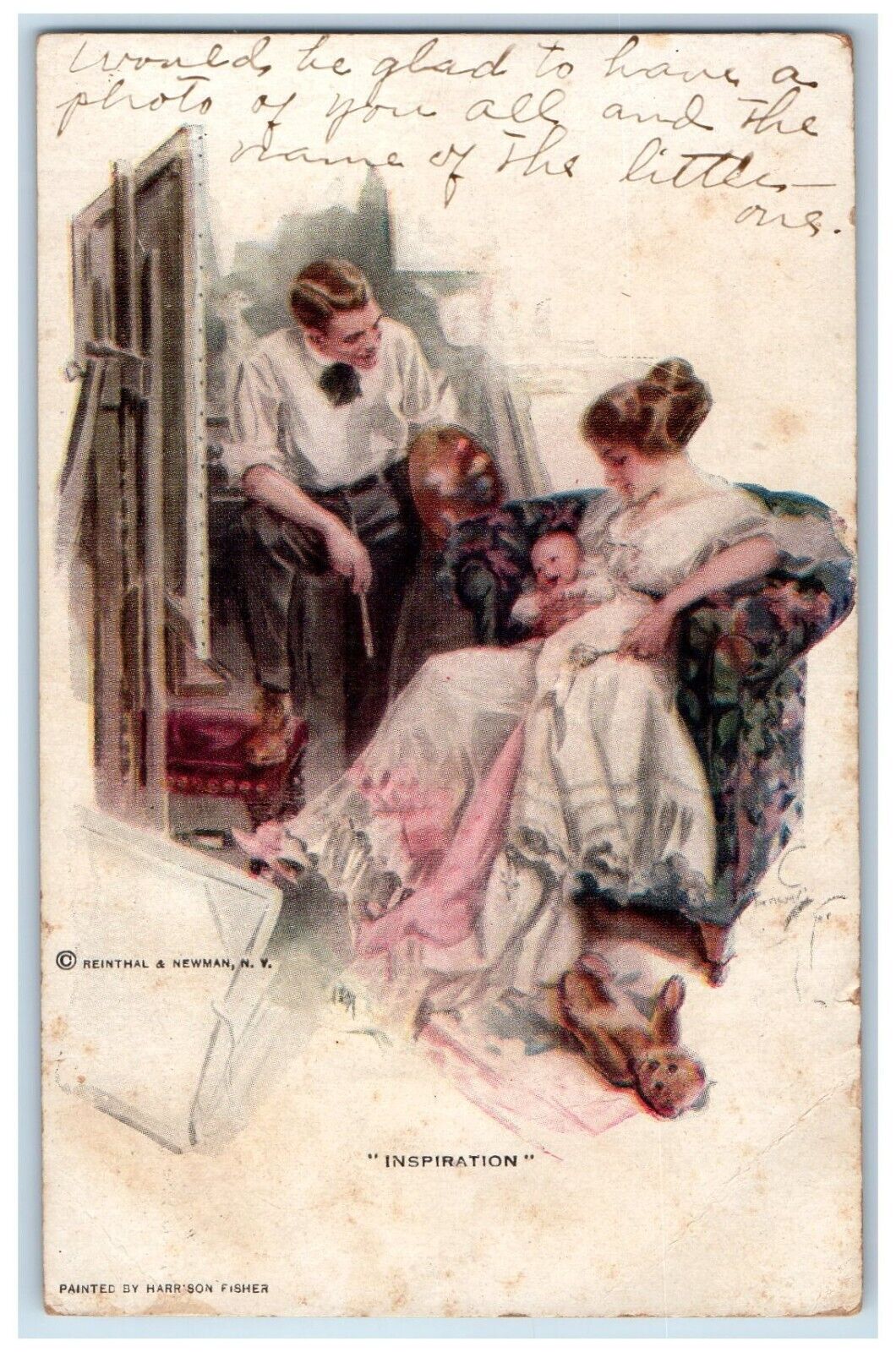 1922 Couple Taking Care Newborn Baby Inspiration Bear Harrison Fisher Postcard