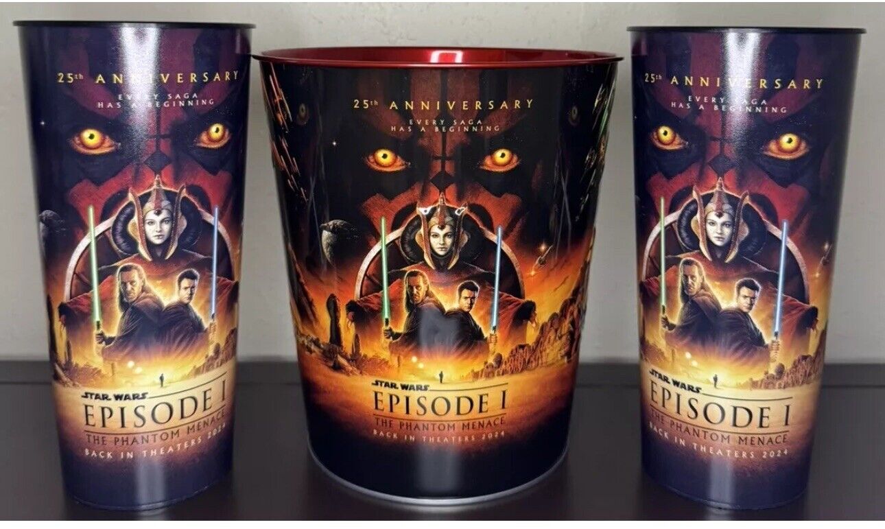 Cinemark Star Wars Episode 1 One 25th Anniversary Popcorn Tin And 2 Cup Set