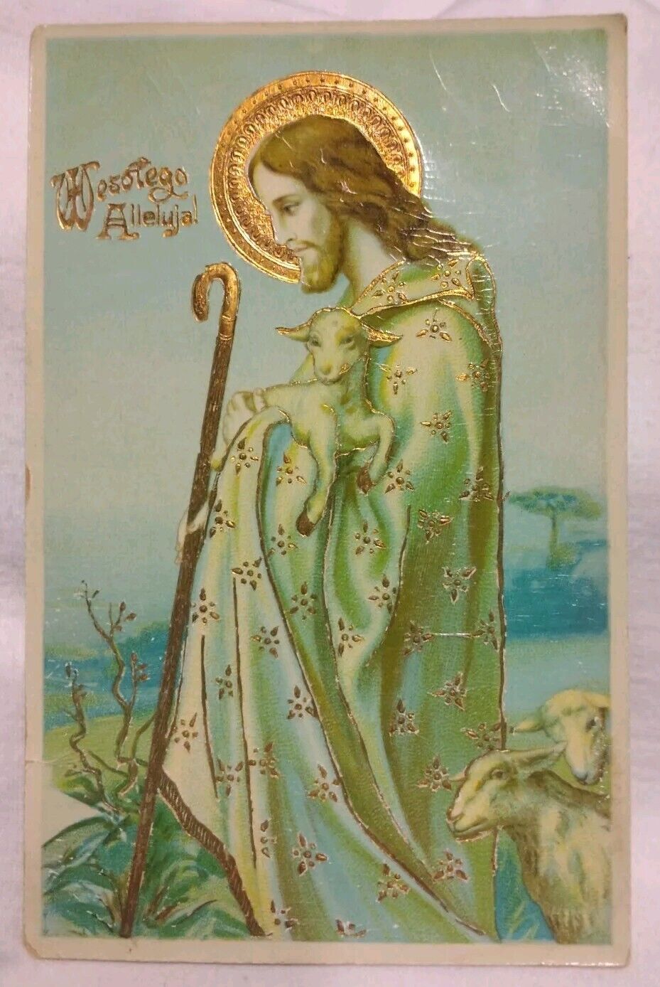 Wesotego Alleluja Happy Easter Jesus With Lambs Vintage Postcard 