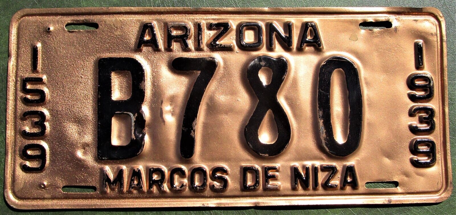 ARIZONA License Plate 1939 #B 780- Pima County - 400th Anniversary - Repaint