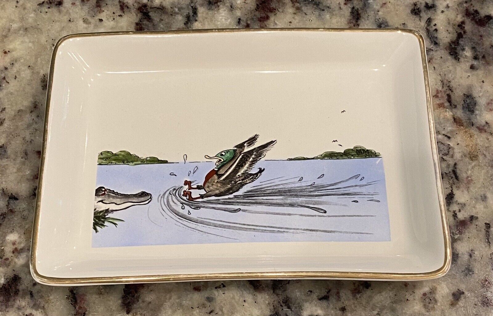 Vintage Hand Colored Gold  Rim Collector Plate Tray Duck Alligator 1962 Deland