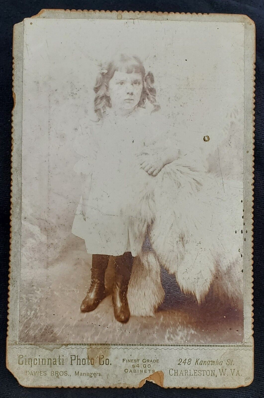 Rare Antique Victorian American Girl With Fur Curly Hair Pig Tail Cabinet Photo