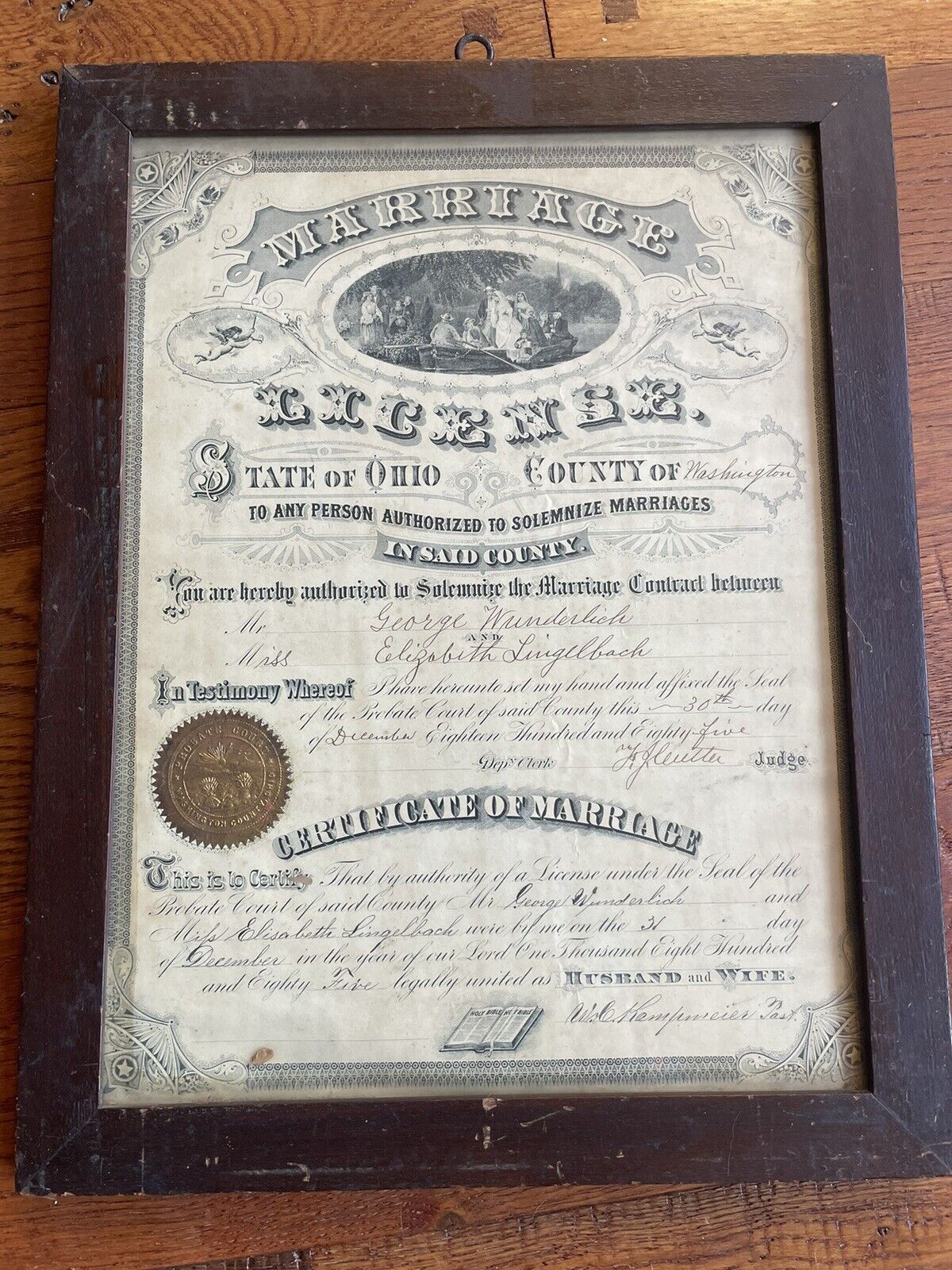 Antique 1885 Marriage Certificate washington County Ohio 