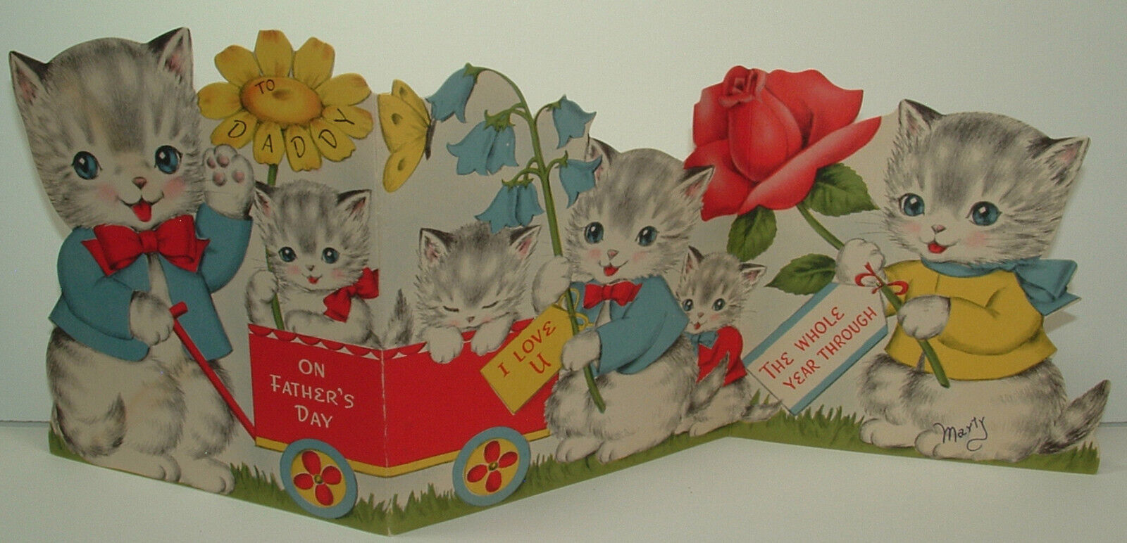3 Images - Tri-fold - Cat Family, Kitten - 1940\'s Vintage NORCROSS Greeting Card
