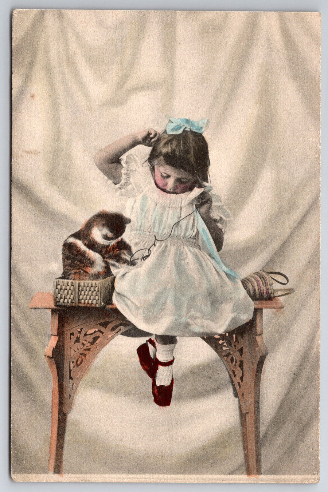Vintage C1910 Postcard Adorable Girl Playing With Her Kitten