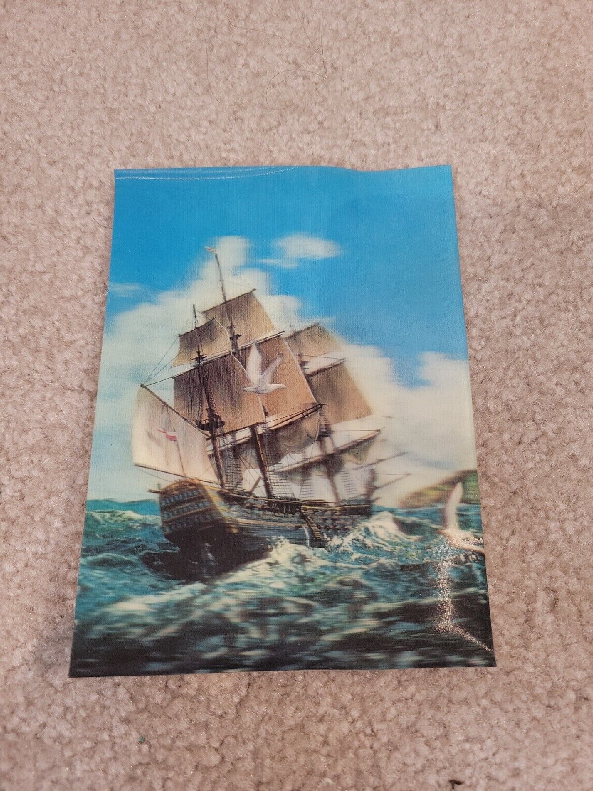 Vintage Lenticular 3-D Postcard Old Time Sail Ship Seagulls Asahi Trading Japan