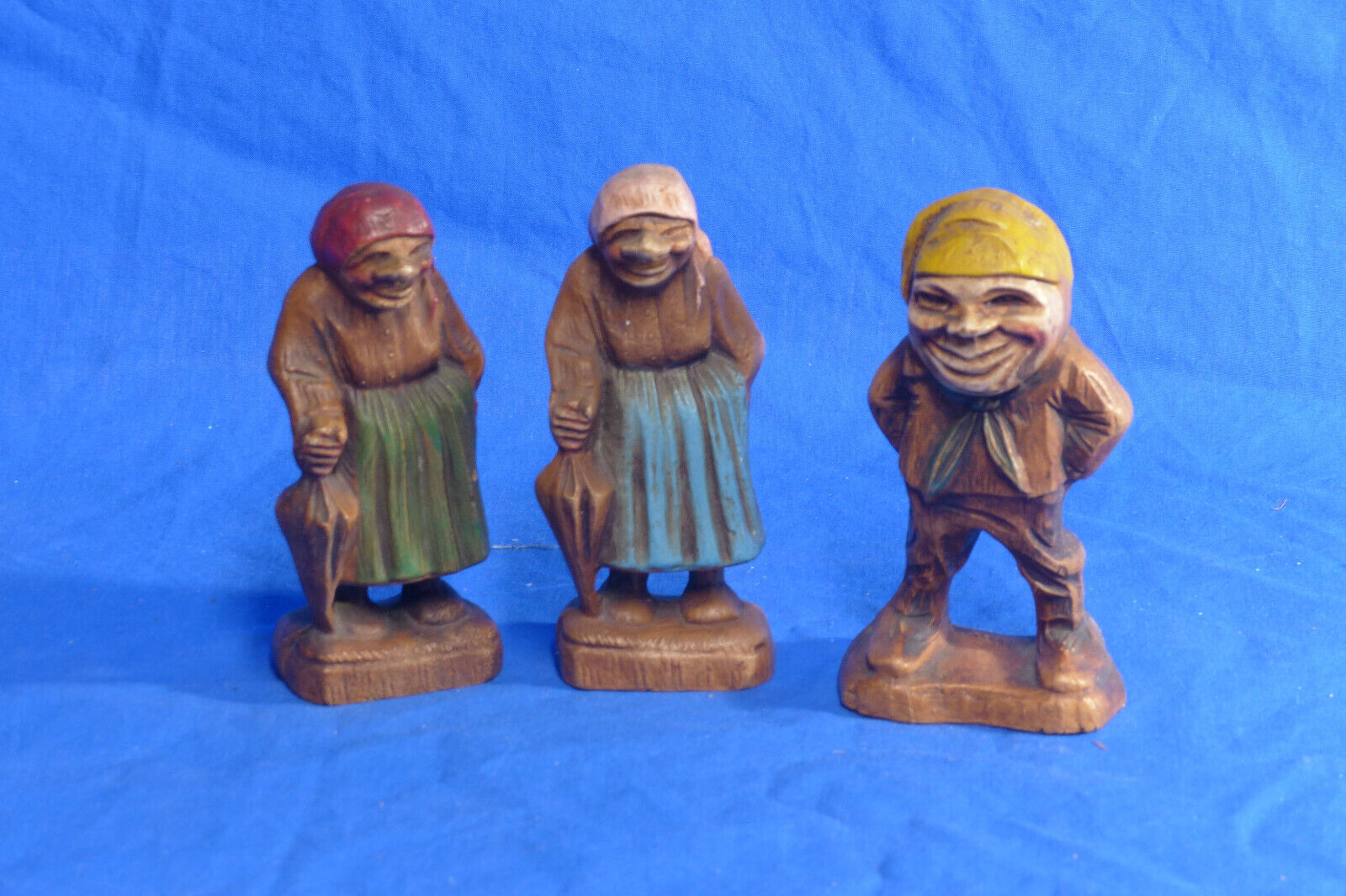 Vintage Carved Figures Old Man and  2 Old Women Painted