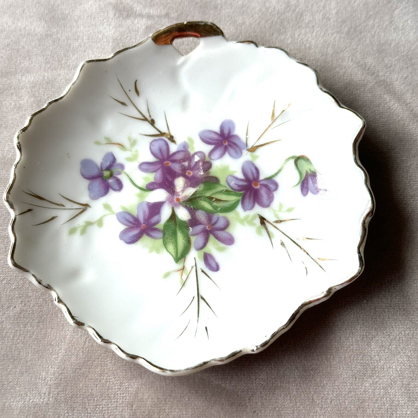 Vintage Porcelain Trinket Dish White With Purple Flowers 4 Inches