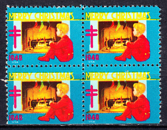 US 1948 CHRISTMAS SEALS / STAMPS BLOCK  BOY BY FIREPLACE  MNH OG   H1612G