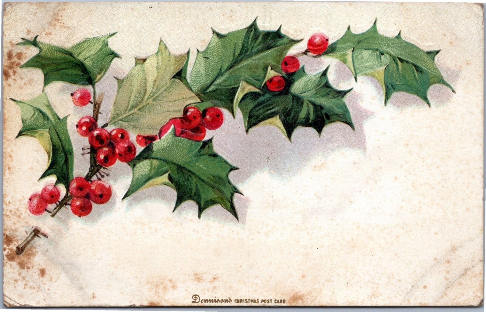 Donnison\'s Christ Post Card embossed  Holly posted 1908 Oberlin Ohio