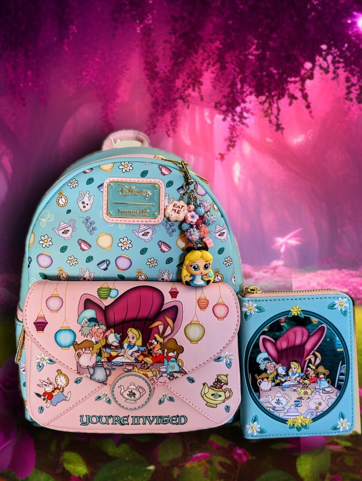 LOUNGEFLY DISNEY ALICE IN WONDERLAND TEA PARTY MINI BACKPACK, Wallet, & Charm