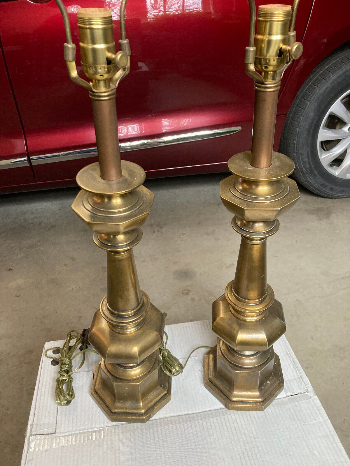 Pair vintage heavy brass table lamps excellent
