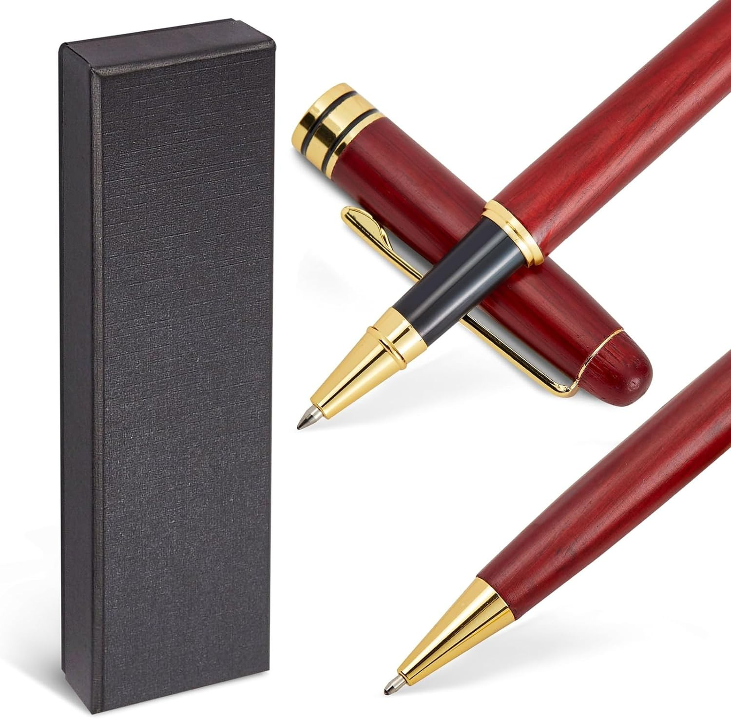 2 Pack Luxury Rosewood Pen Sets for Men Gift - Fancy Nice Ballpoint Pens with Bl