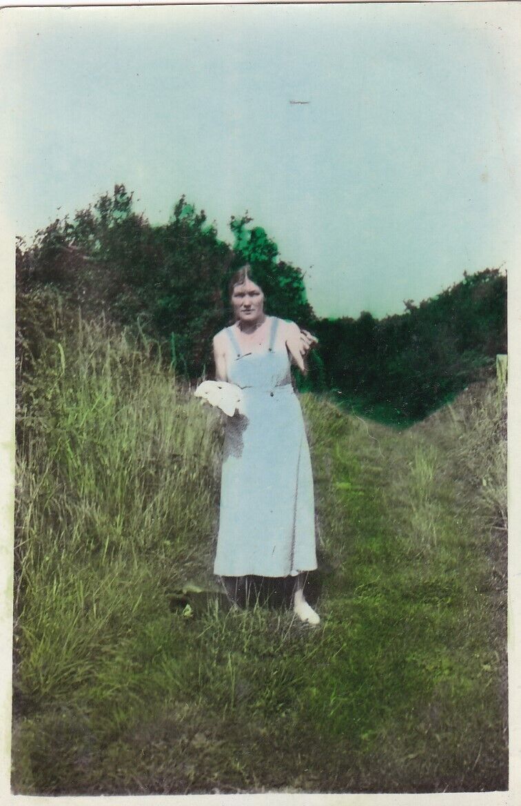 Beautiful c1935 Hand Tinted / Coloured Photo Lady Picking Blackberries