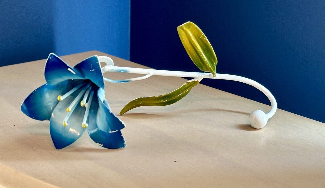 Vintage Chippy Italian Tole Metal Bright Blue Flower Decorative Hook