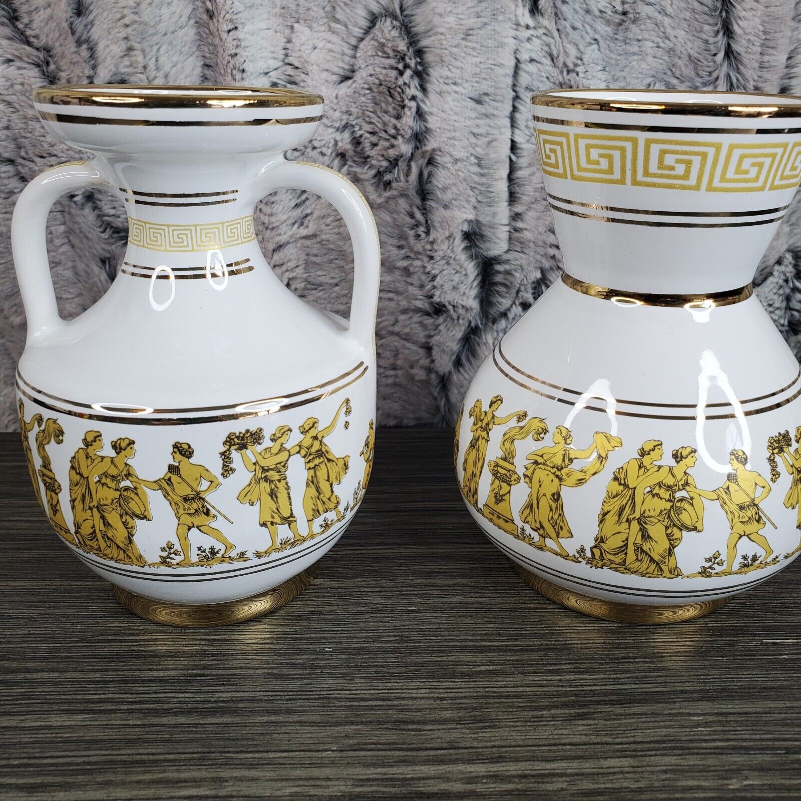 Vintage Neofitou Hand Painted 24K Gold White Vase Urn Lot of 2 - Greece Greek