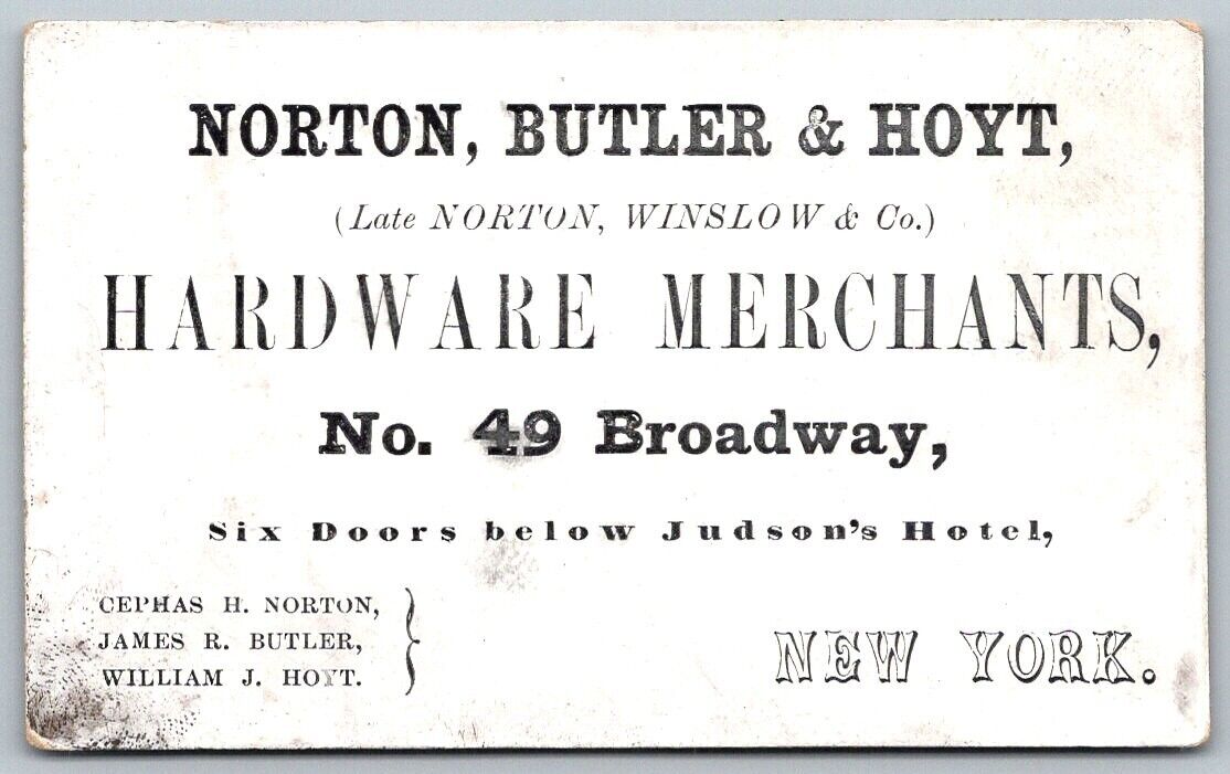 1840-50s Victorian Business Trade Card New York NY Norton Butler Hoyt Hardware