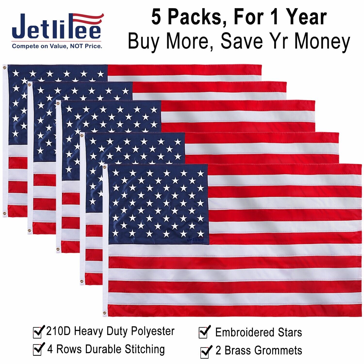 Jetlifee 5 Packs 4x6 FT American US Flag Banner Heavy Duty 210D Embroidered
