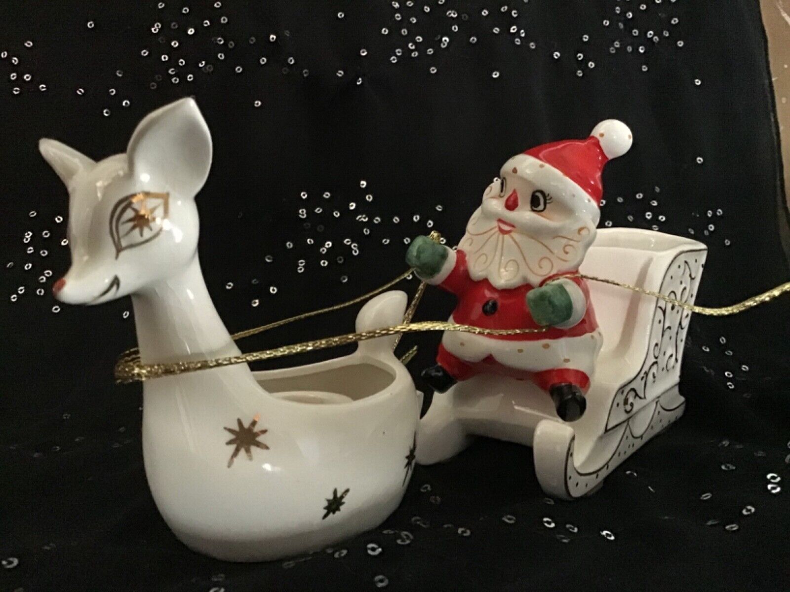 Holt Howard Santa On Sleigh And Starry Eyed Reindeer Candleholder