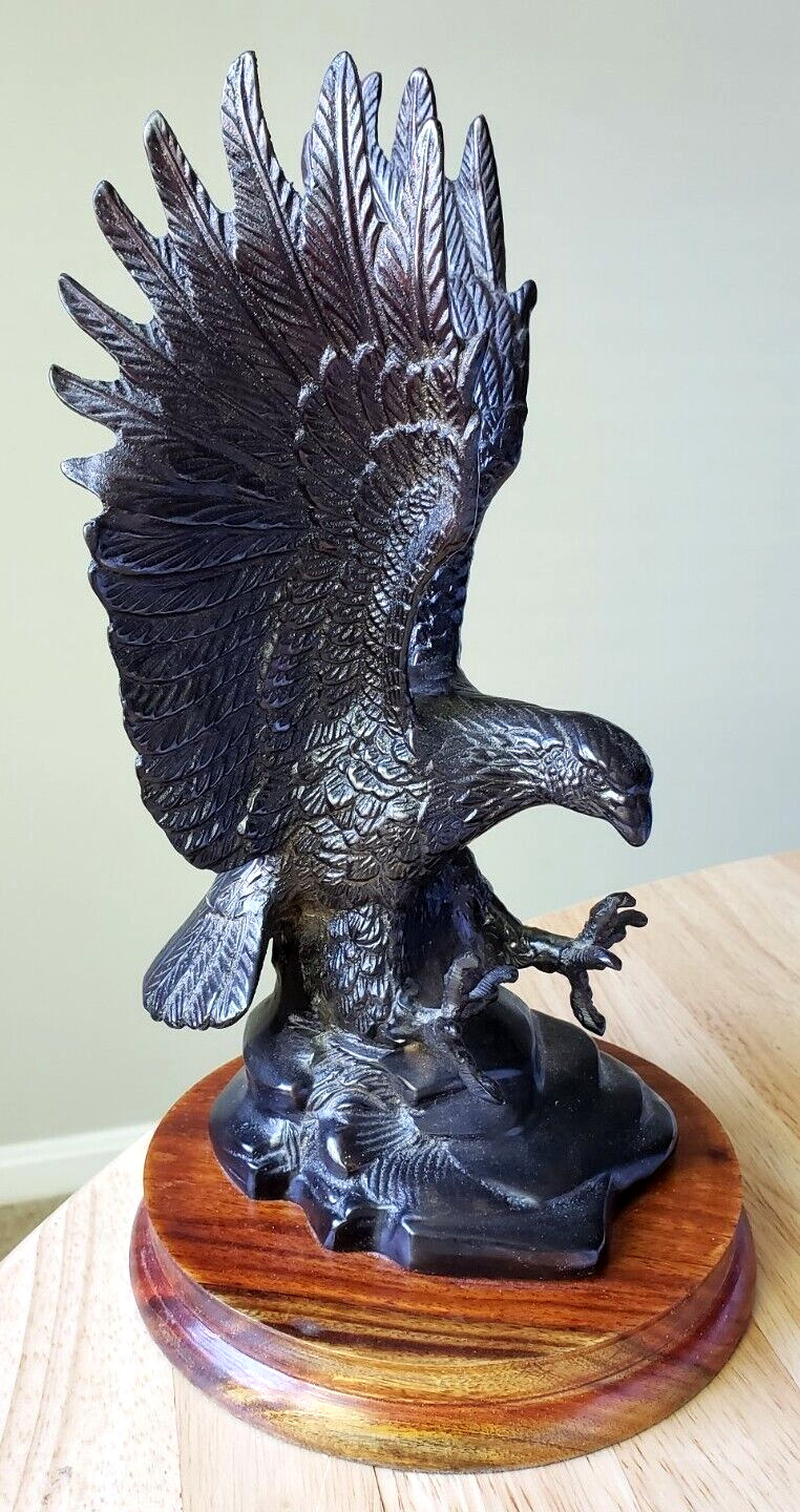 Solid Brass Bronze Finish Majestic Eagle Sculpture Figurine Statue on Wood Base