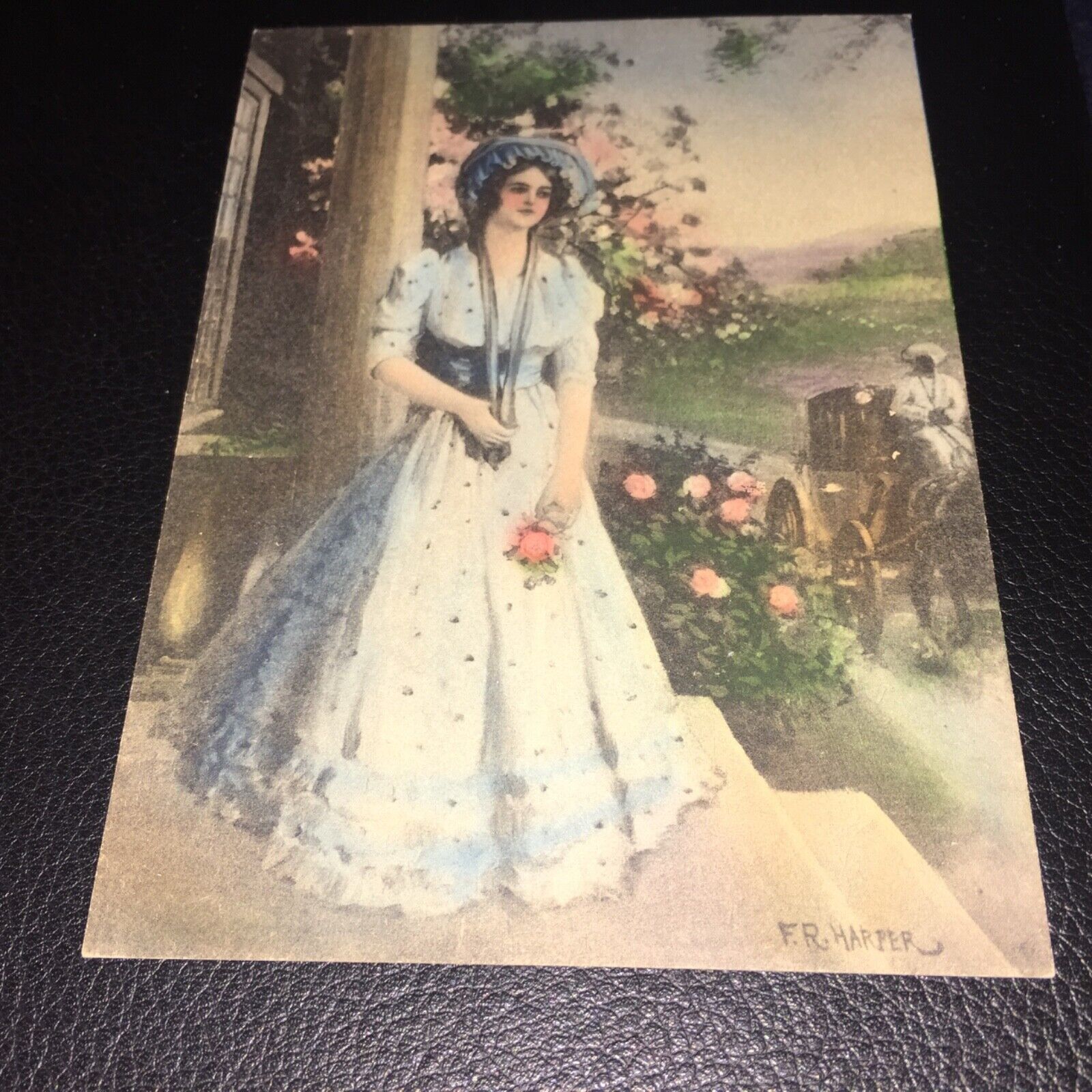 VICTORIAN F.R. HARPER 1880’s GIRL IN NICE BLUE DRESS AND BONNET CARD. 