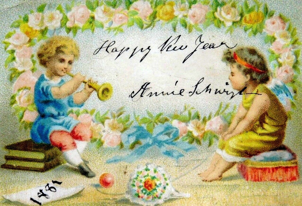 1881 Happy New Year, Cherubs Fairies Flute Cute Kids Flowers Victorian Card F4