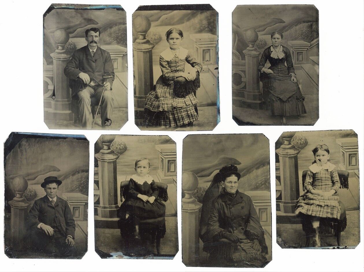 7 VERY GOOD TO EXCELLENT TINTYPES SAME PHOTO STUDIO COLUMNS AND HILLSIDES