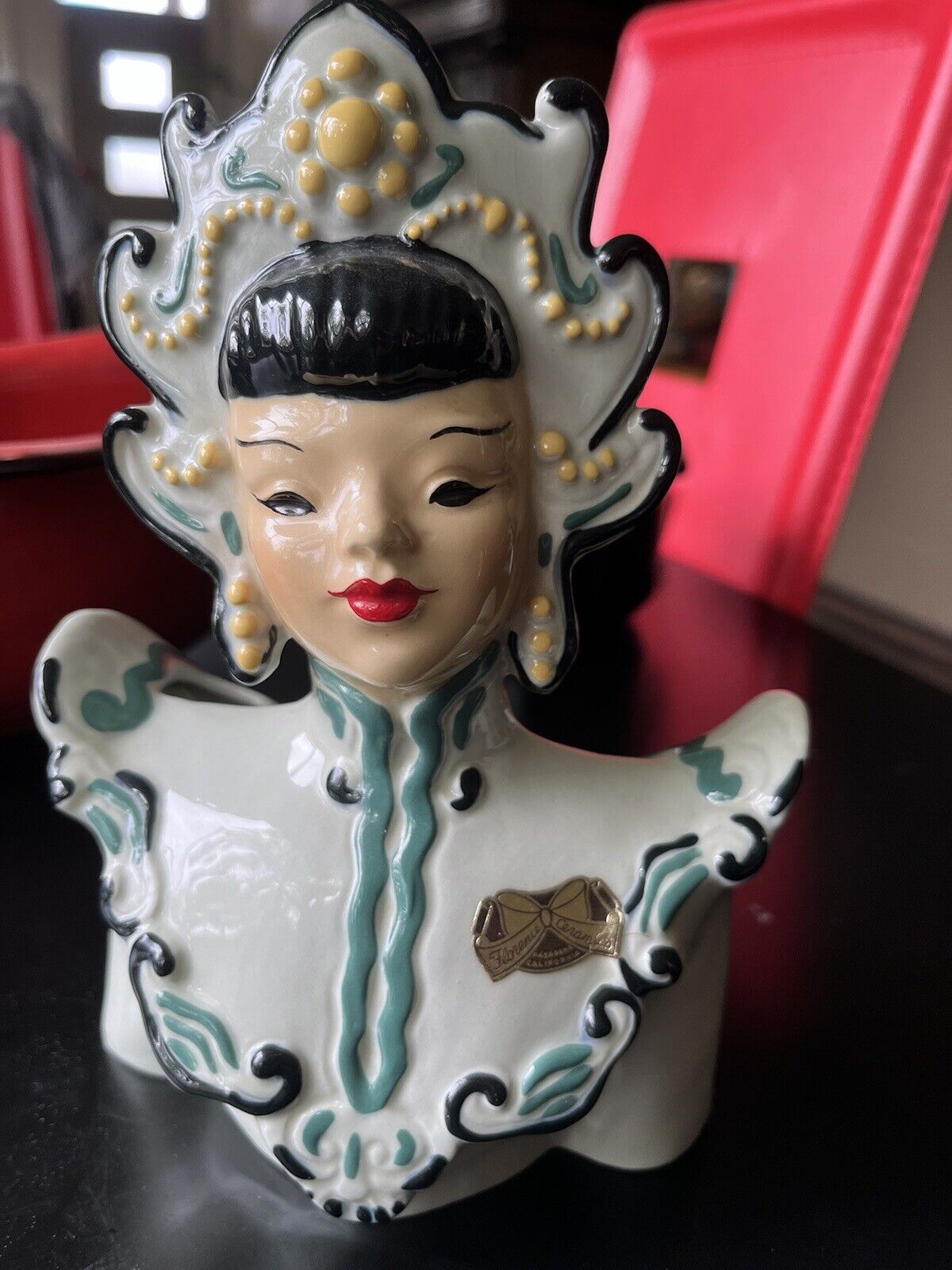 c1940 Florence Ceramics CA Pottery Figurine - Chinese Girl Bust, Planter