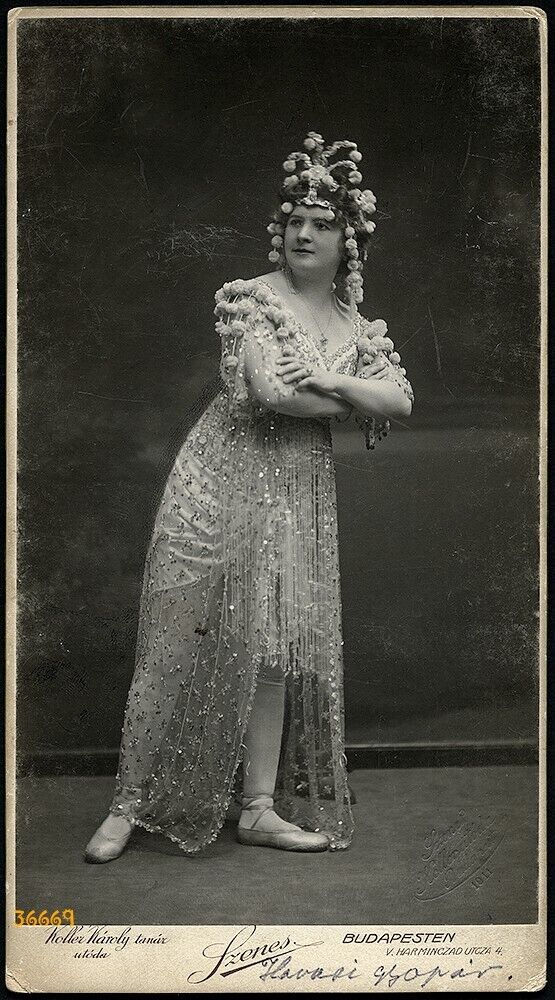 larger size antique Cabinet Card, actress KOÓS Margit in strange costume, 1910's