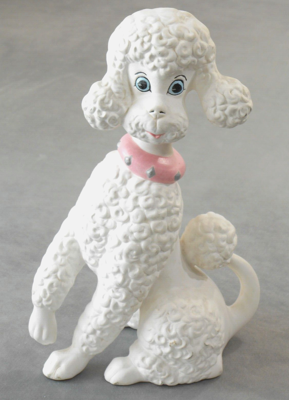 Vintage Poodle Figurine Ceramic White Blue Eyes Pink Collar Signed 1969