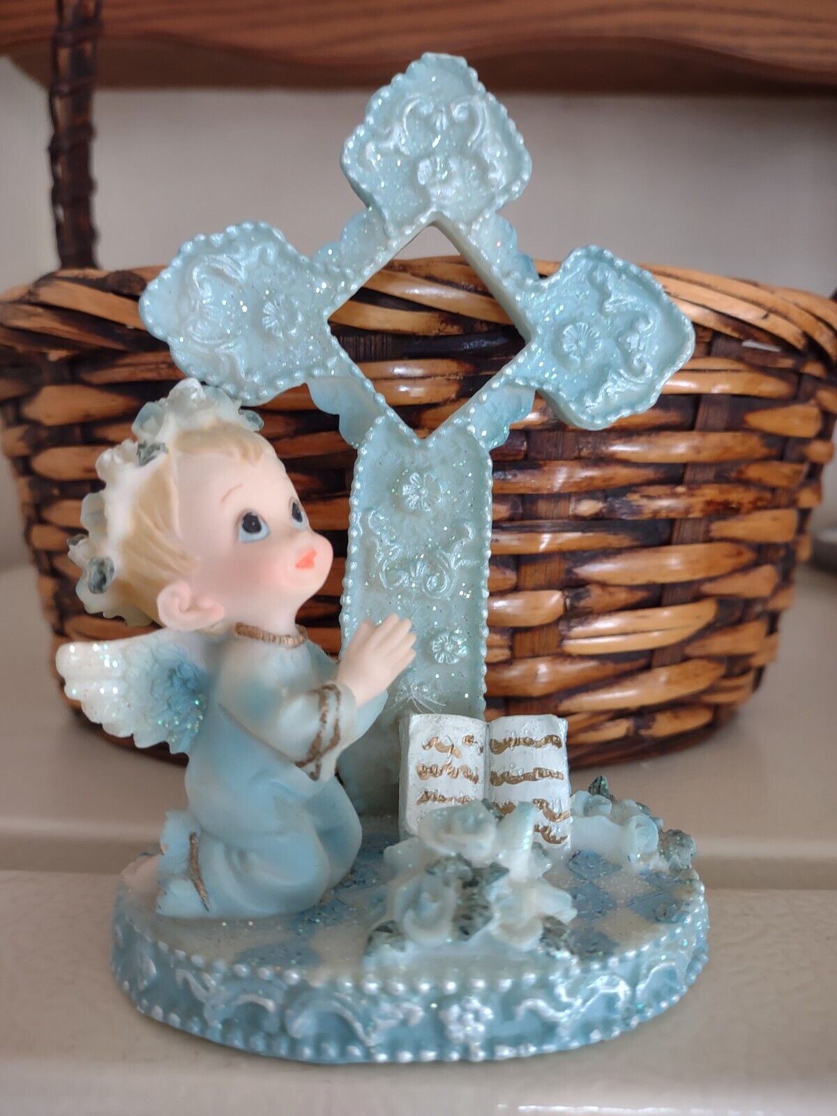 Vintage Angel Child Figurine Praying Cherub Next To Cross Christening Communion